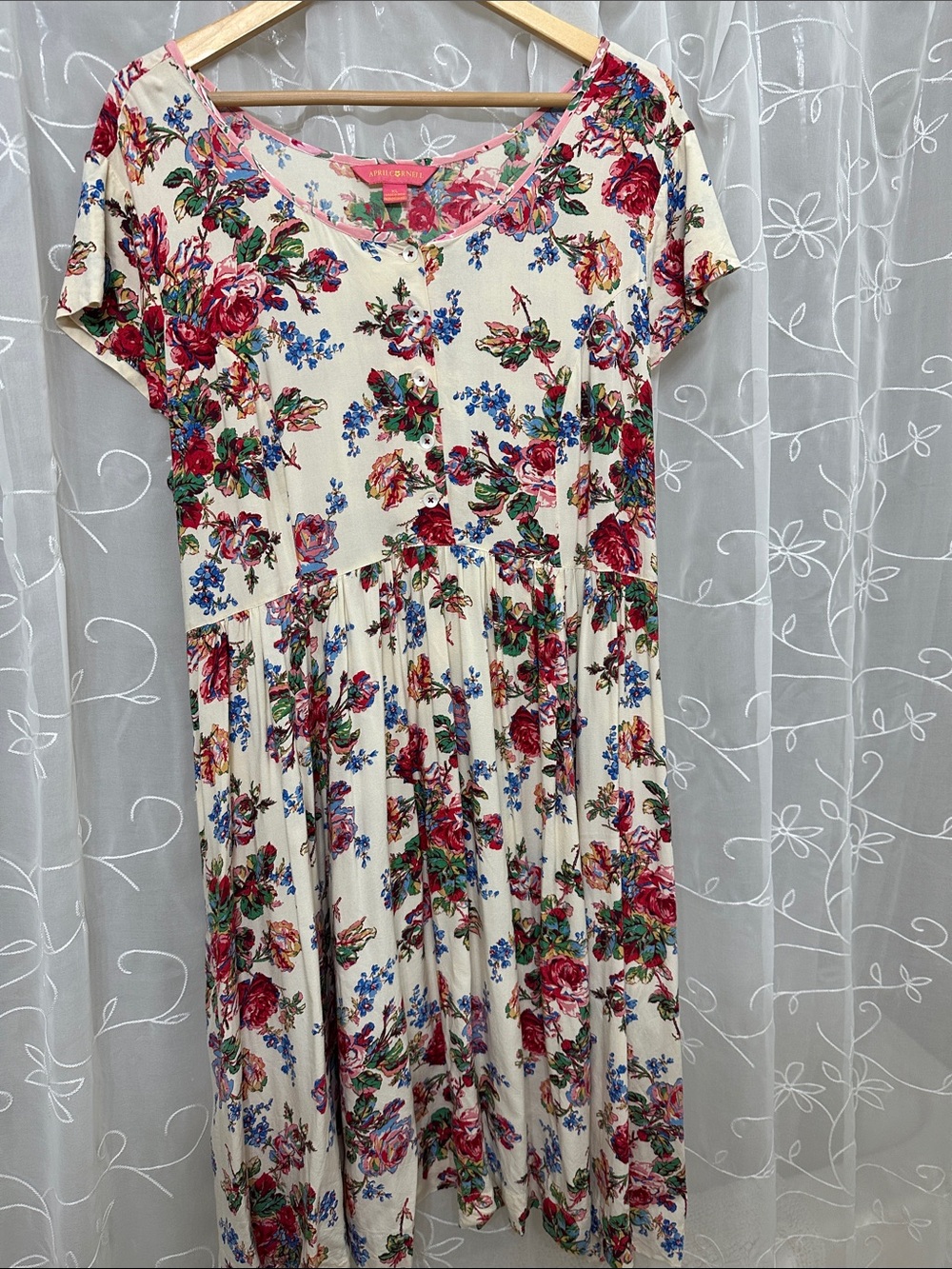April Cornell Cream Midi Dress with Red & Blue Floral Print